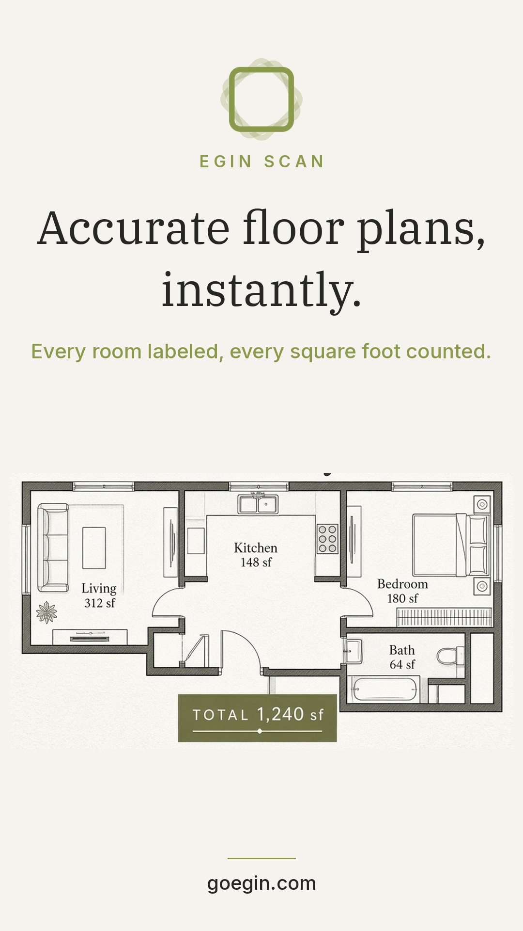 Labeled as-built floor plan created from a phone room scan for renovation planning